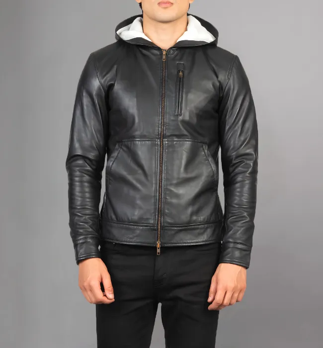 Baston Black Hooded Leather Bomber Jacket