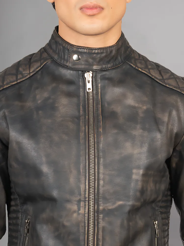 Black Cafe Racer Motorcycle Leather Jacket