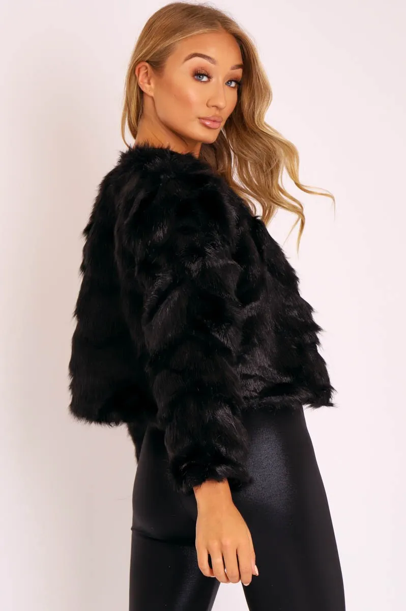 Black Cropped Faux Fur Jacket - Gwen