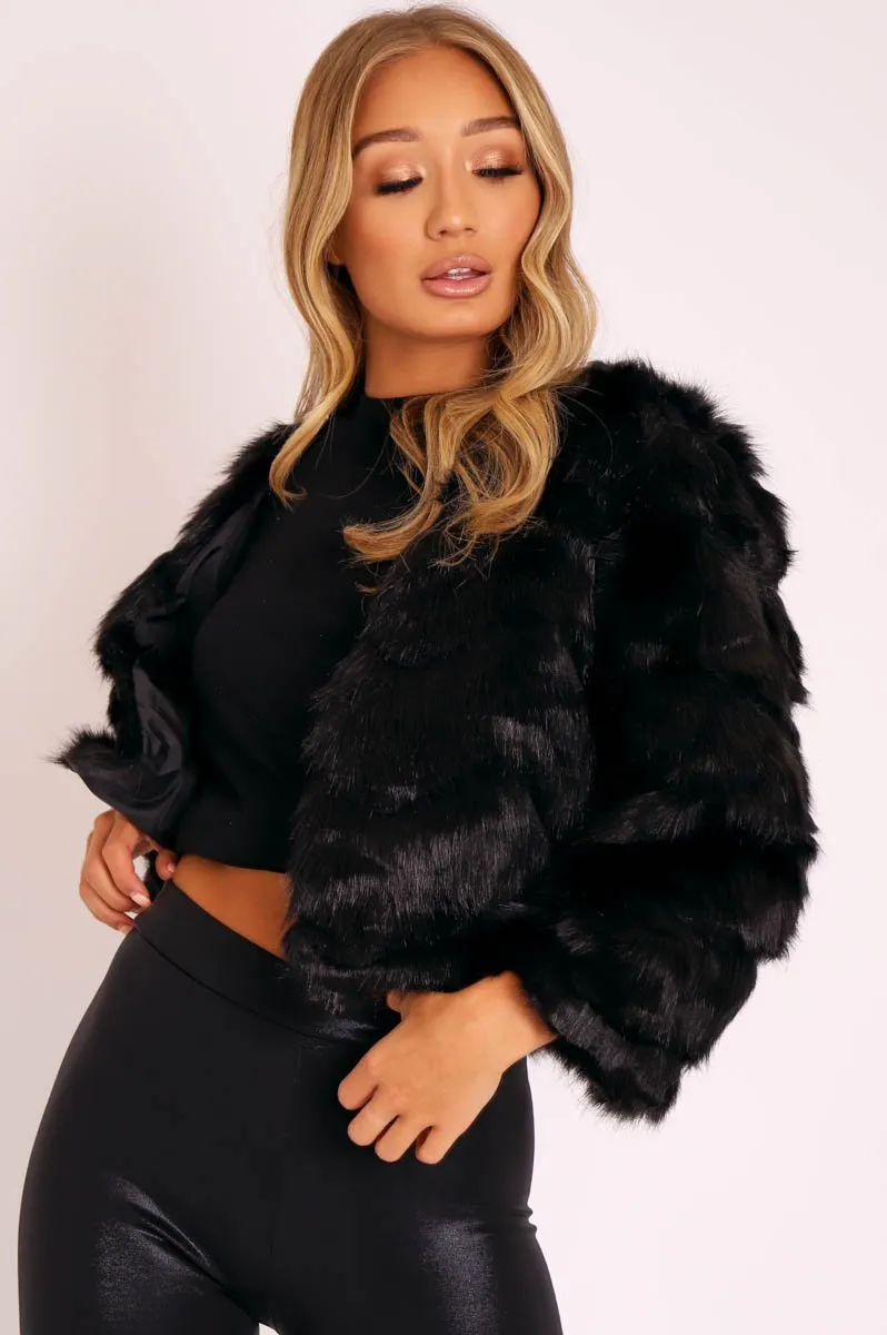 Black Cropped Faux Fur Jacket - Gwen