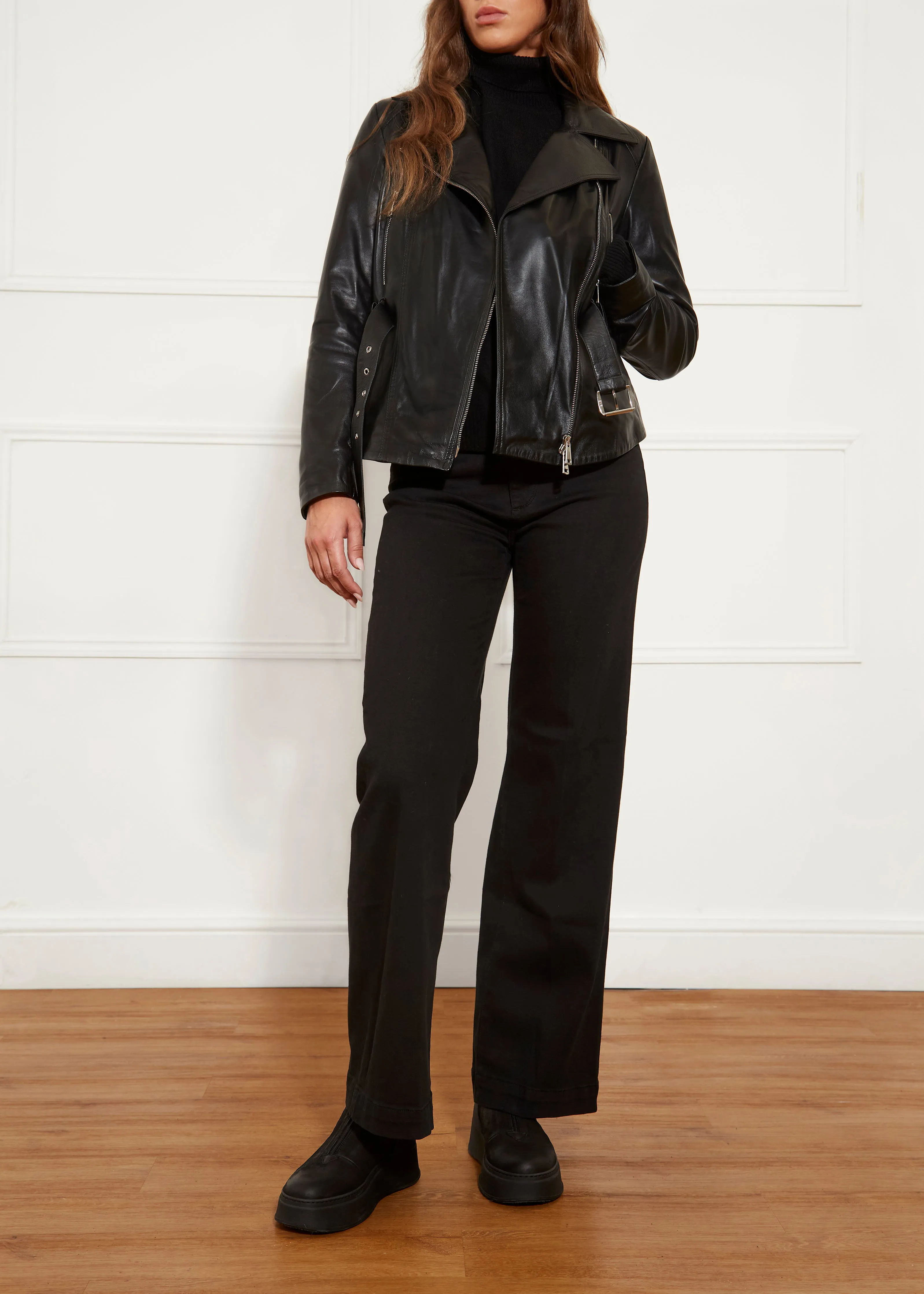 Black Leather Biker Jacket With Belt