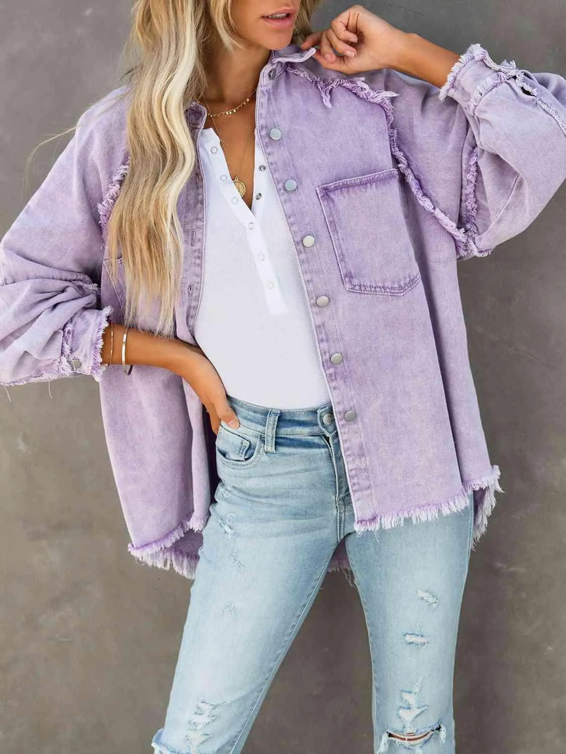 Button Down Raw Hem Denim Jacket