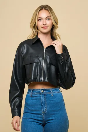 Collar Pocket Leather Cropped Jacket