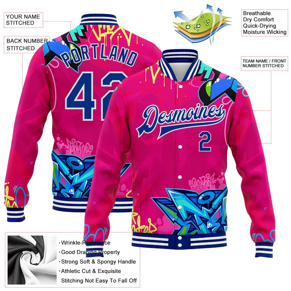 Custom Graffiti Pattern Royal-White Hiphop Abstract Urban Street Art 3D Bomber Full-Snap Varsity Letterman Jacket