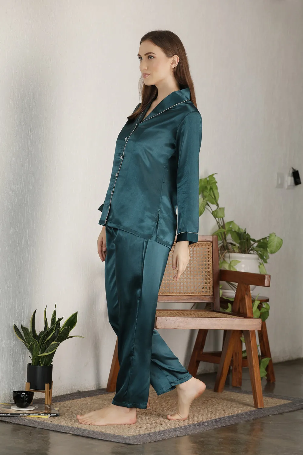 Emerald Green Button Down Night suit