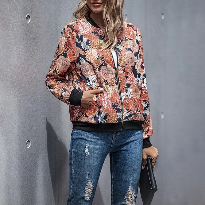 Floral printed zipper long-sleeved jacket