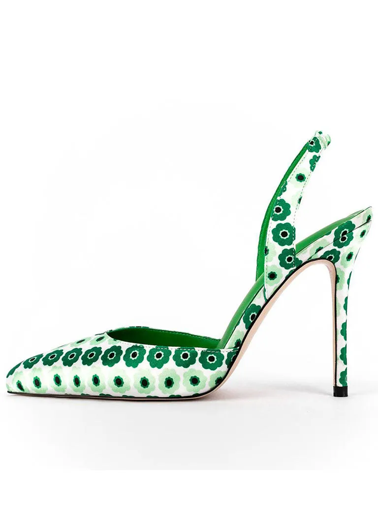 Green 12cm Height Women's Floral Print Pointed Toe PU Leather Heels