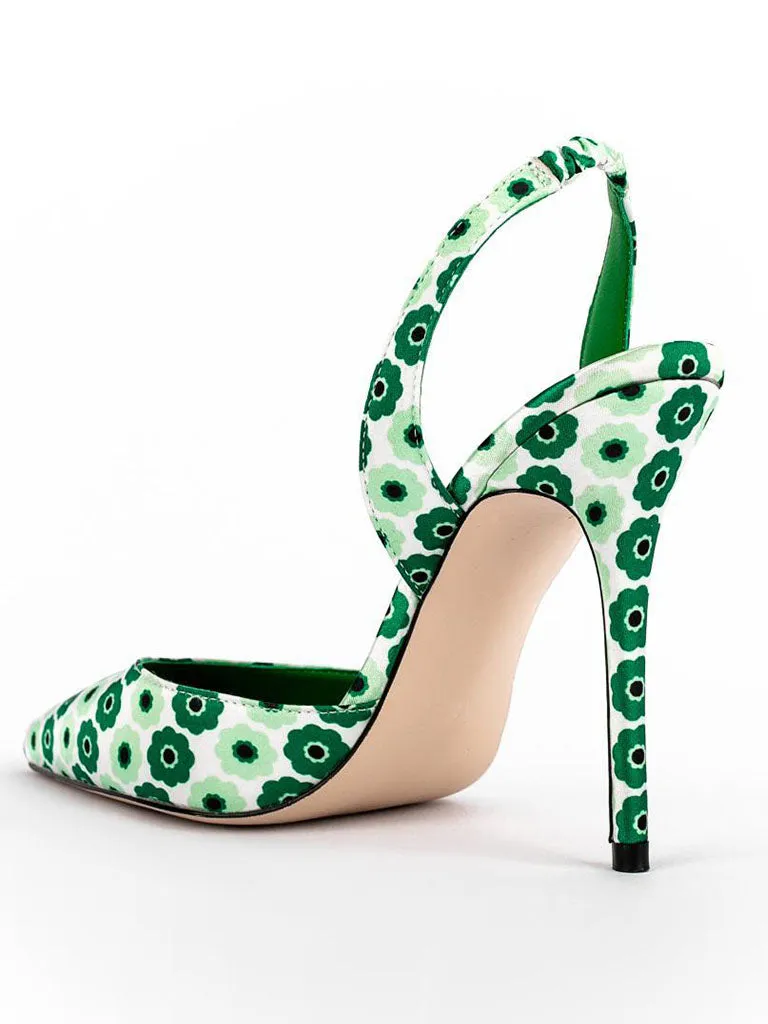 Green 12cm Height Women's Floral Print Pointed Toe PU Leather Heels