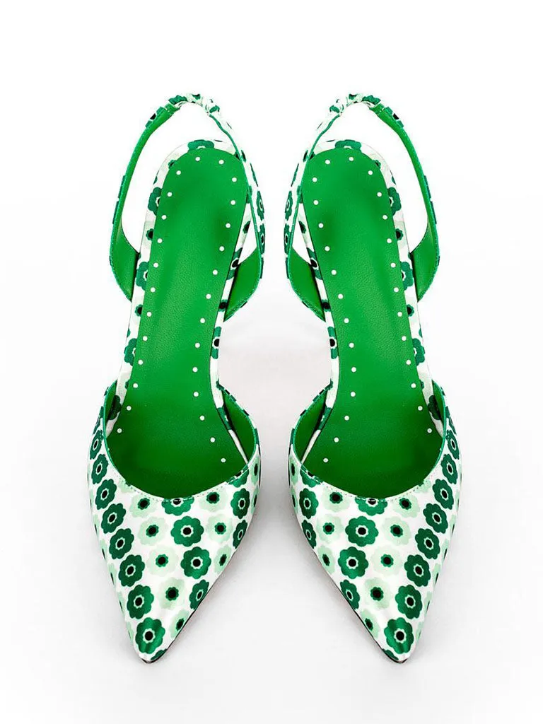 Green 12cm Height Women's Floral Print Pointed Toe PU Leather Heels