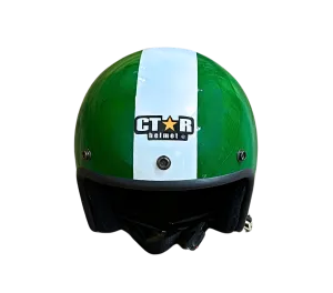 Green Motorcycle Helmet with White Stripe and Stars