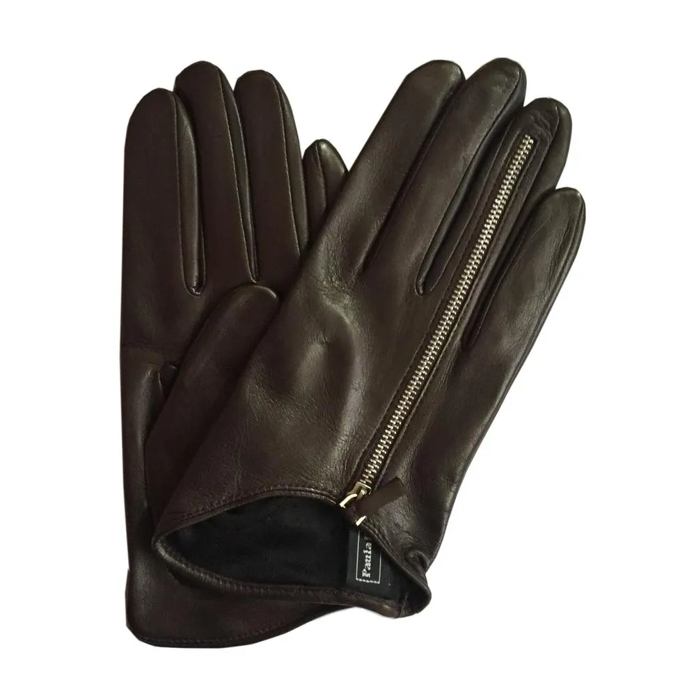 Jacqueline - Women's Silk Lined Leather Gloves with Zip Detail