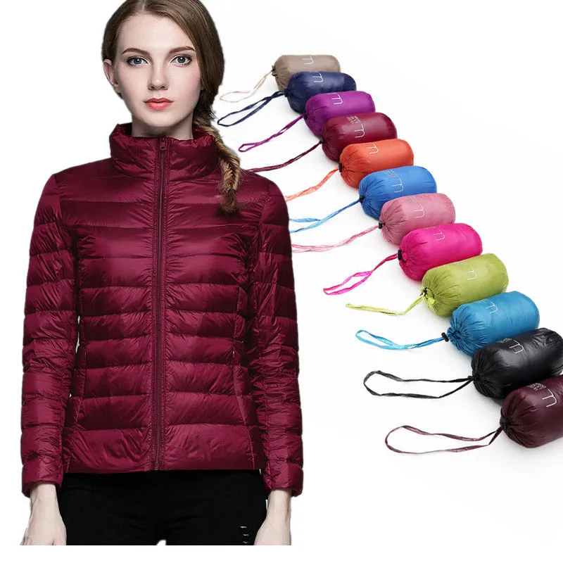 Ladies Stand Collar Duck Down Ultra Light Slim Long Sleeve Parka Puffer Jacket