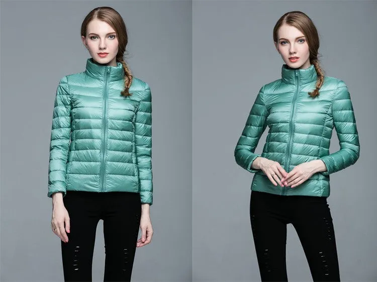 Ladies Stand Collar Duck Down Ultra Light Slim Long Sleeve Parka Puffer Jacket