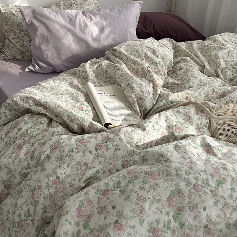 Luxury Pastoral Cotton Bedding Set – Floral & Plant Design, High-Quality Quilted Bedspread"