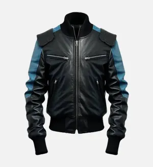 Men's Black & Blue Bomber Leather Jacket