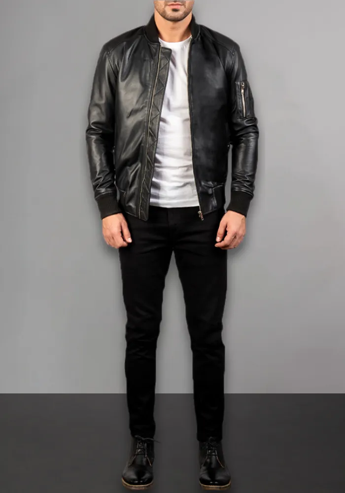 Mens Black Biker vintage Leather Bomber Jacket