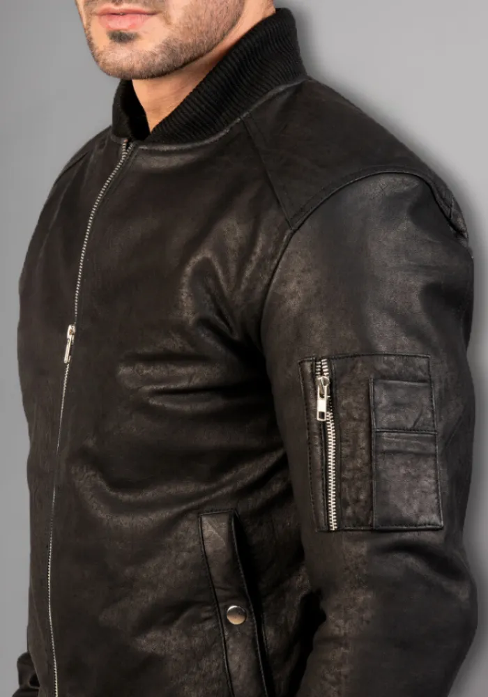 Mens Black Biker vintage Leather Bomber Jacket