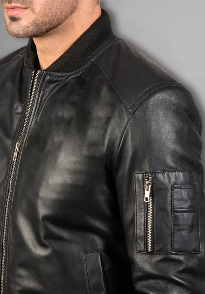 Mens Black Biker vintage Leather Bomber Jacket