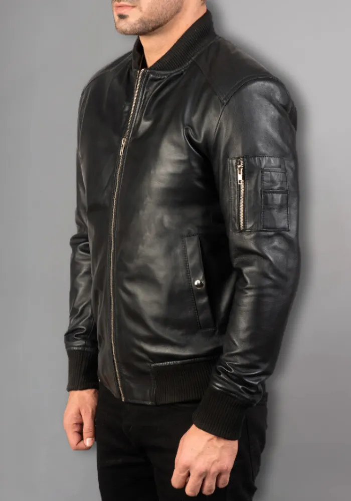 Mens Black Biker vintage Leather Bomber Jacket