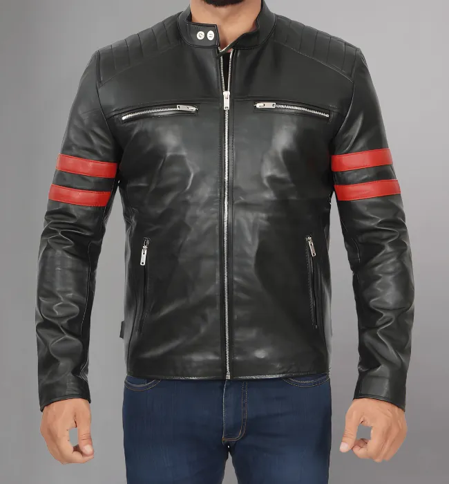 Mens Black Quilted Red Stripe Cafe Racer Leather Motorcycle Jacket