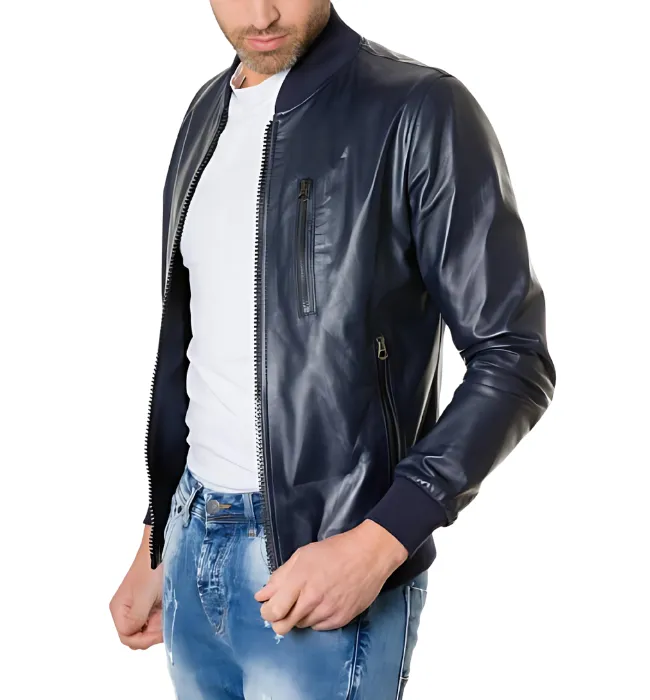 Mens Bomber Blue Leather Plain Jacket