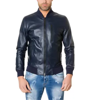 Mens Bomber Blue Leather Plain Jacket