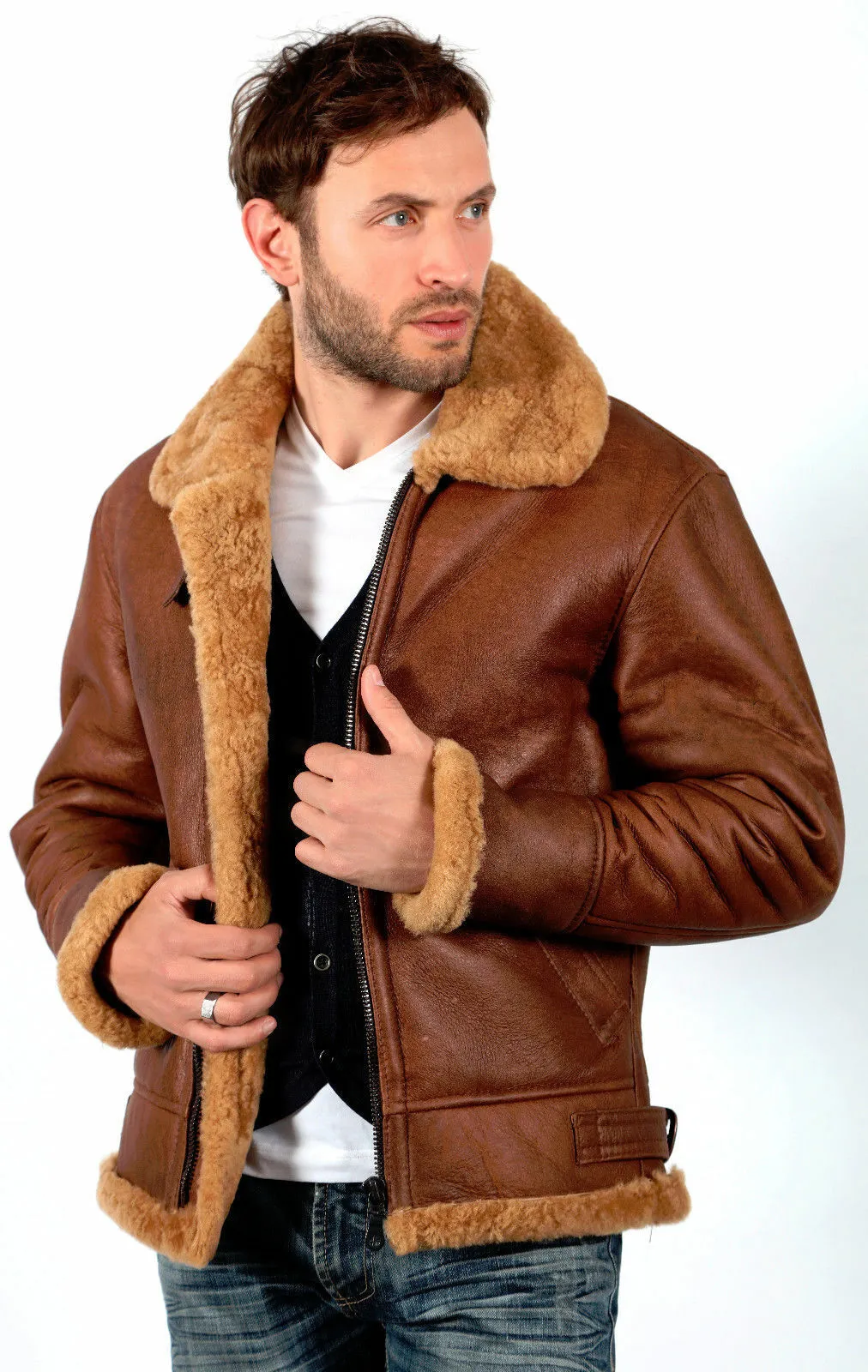 Men's Brown Aviator Genuine Shearling Leather Bomber Jacket - Fur Collar Upper Coat