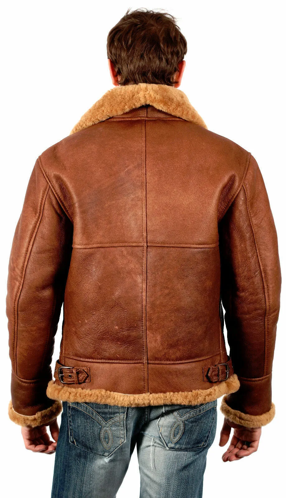 Men's Brown Aviator Genuine Shearling Leather Bomber Jacket - Fur Collar Upper Coat