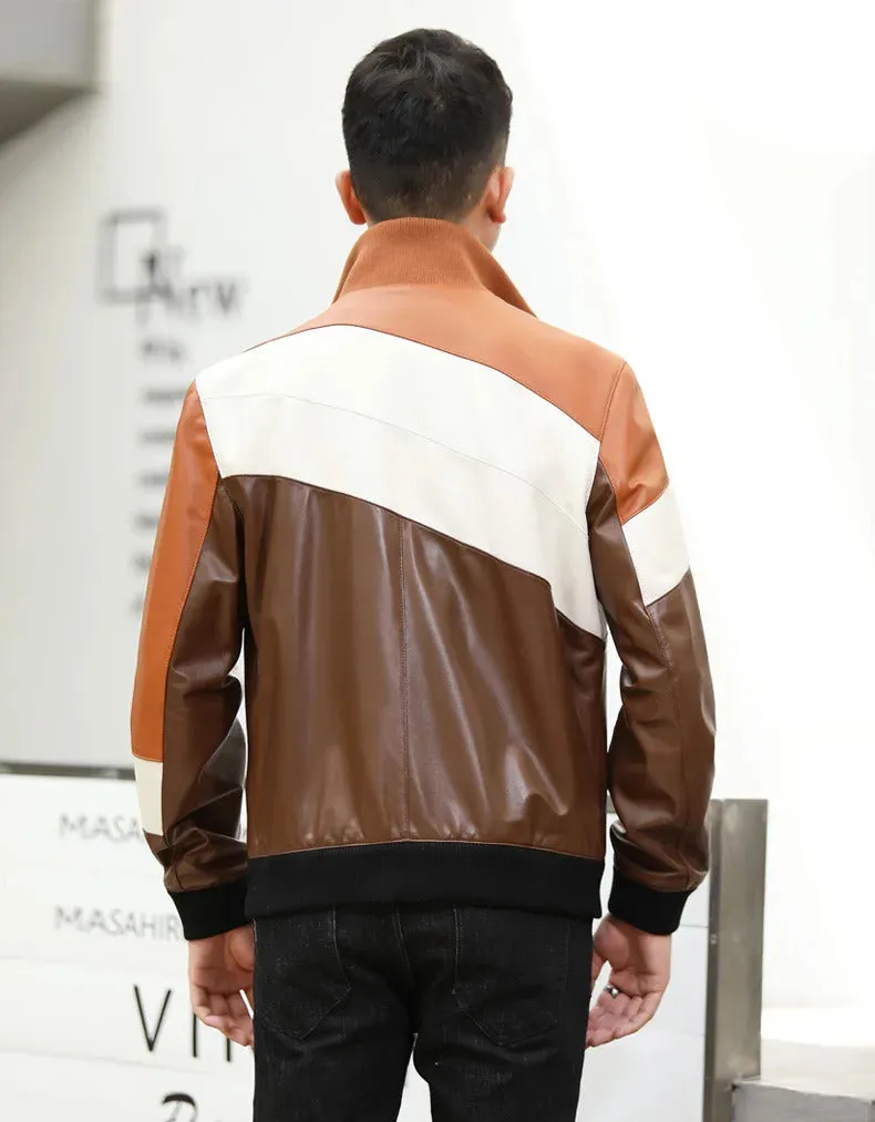 Men's Genuine Sheepskin Leather Motorcycle Jacket with Stand-Up Collar