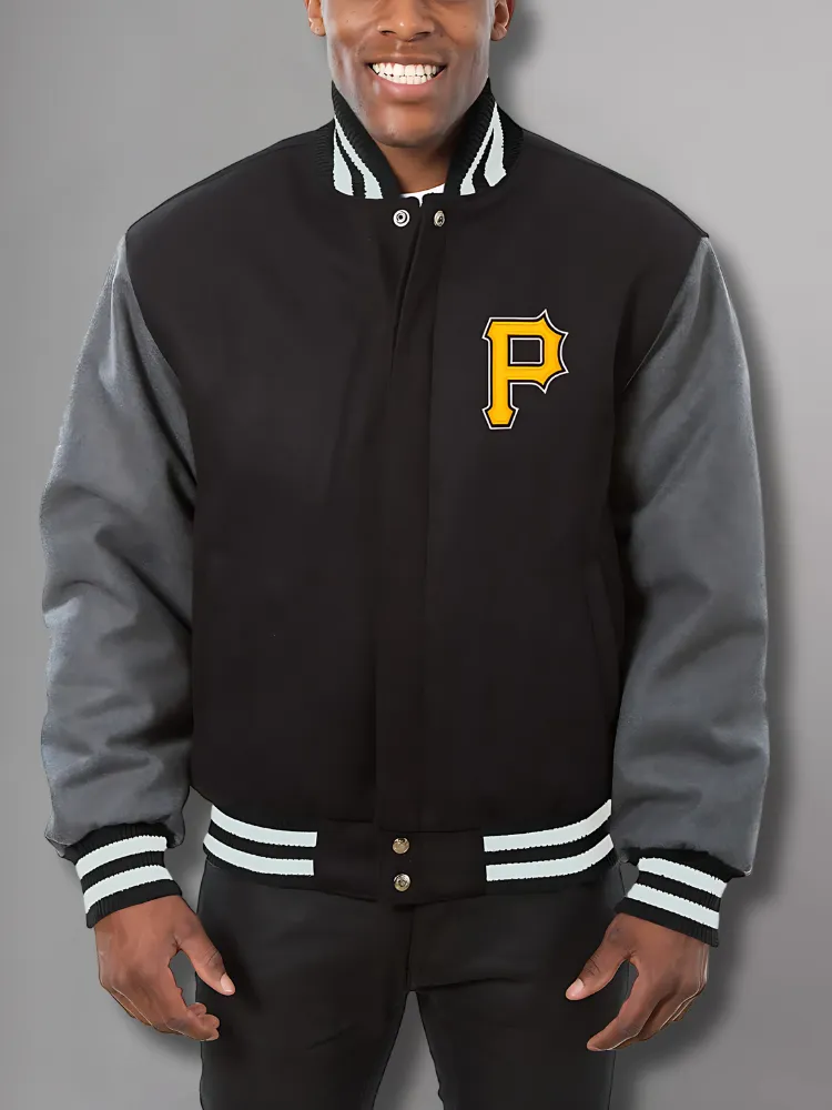 Mens Majestic Pittsburgh Pirates Letterman Bomber Black Jacket