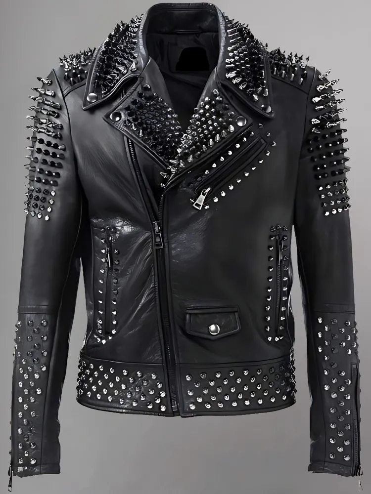 Men's Silver Spikes Studded Brando Leather Jacket