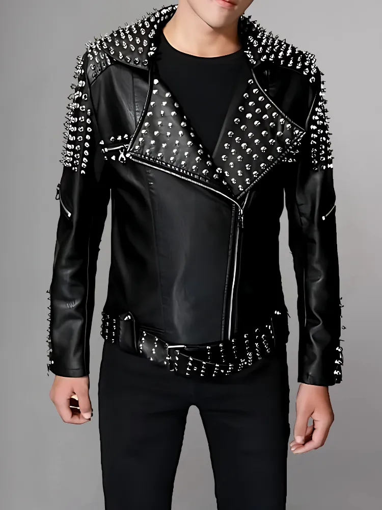 Men's Silver Spikes Studded Brando Leather Jacket