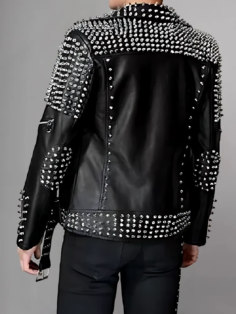 Men's Silver Spikes Studded Brando Leather Jacket