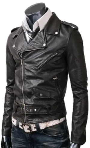 Mens Slim fit Belted Rider Vintage Classic Black Motorcycle Leather Jacket