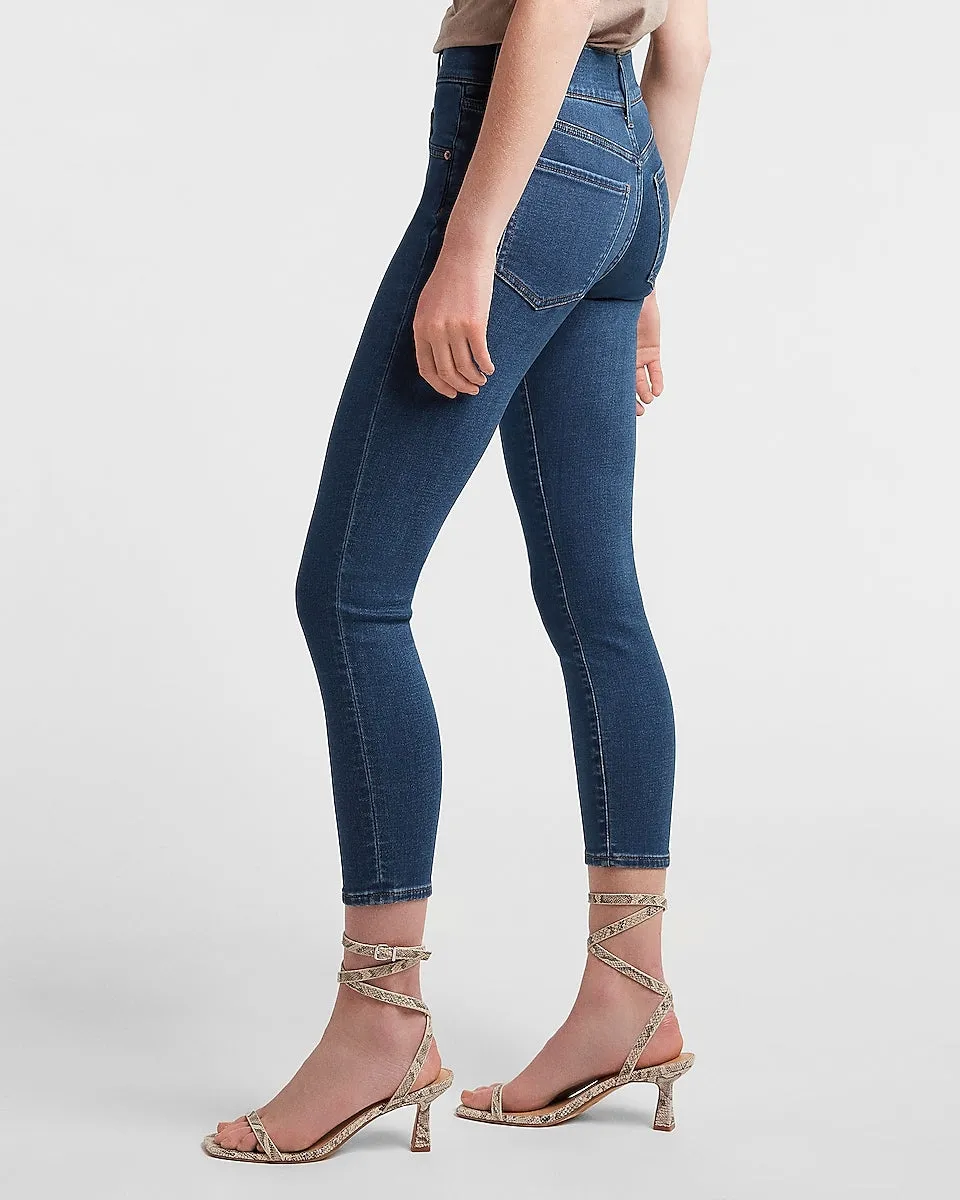 Mid Rise Knit Double Button Cropped Skinny Jeans in Medium Wash