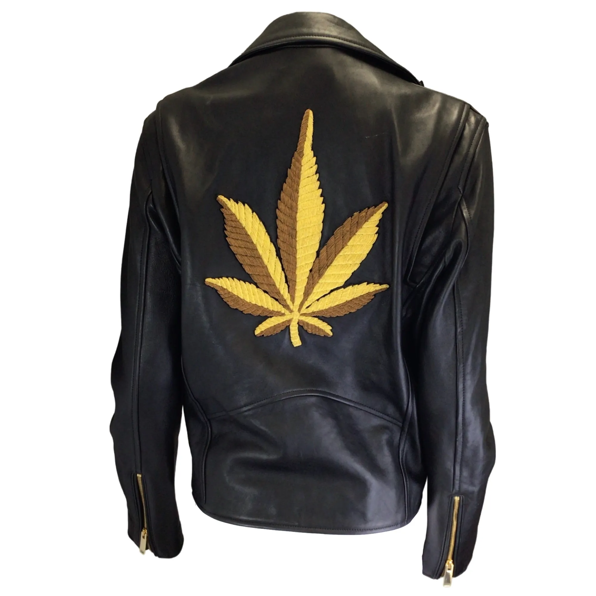 Palm Angels Men's Black Marijuana Leaf Embroidered Leather Biker Jacket