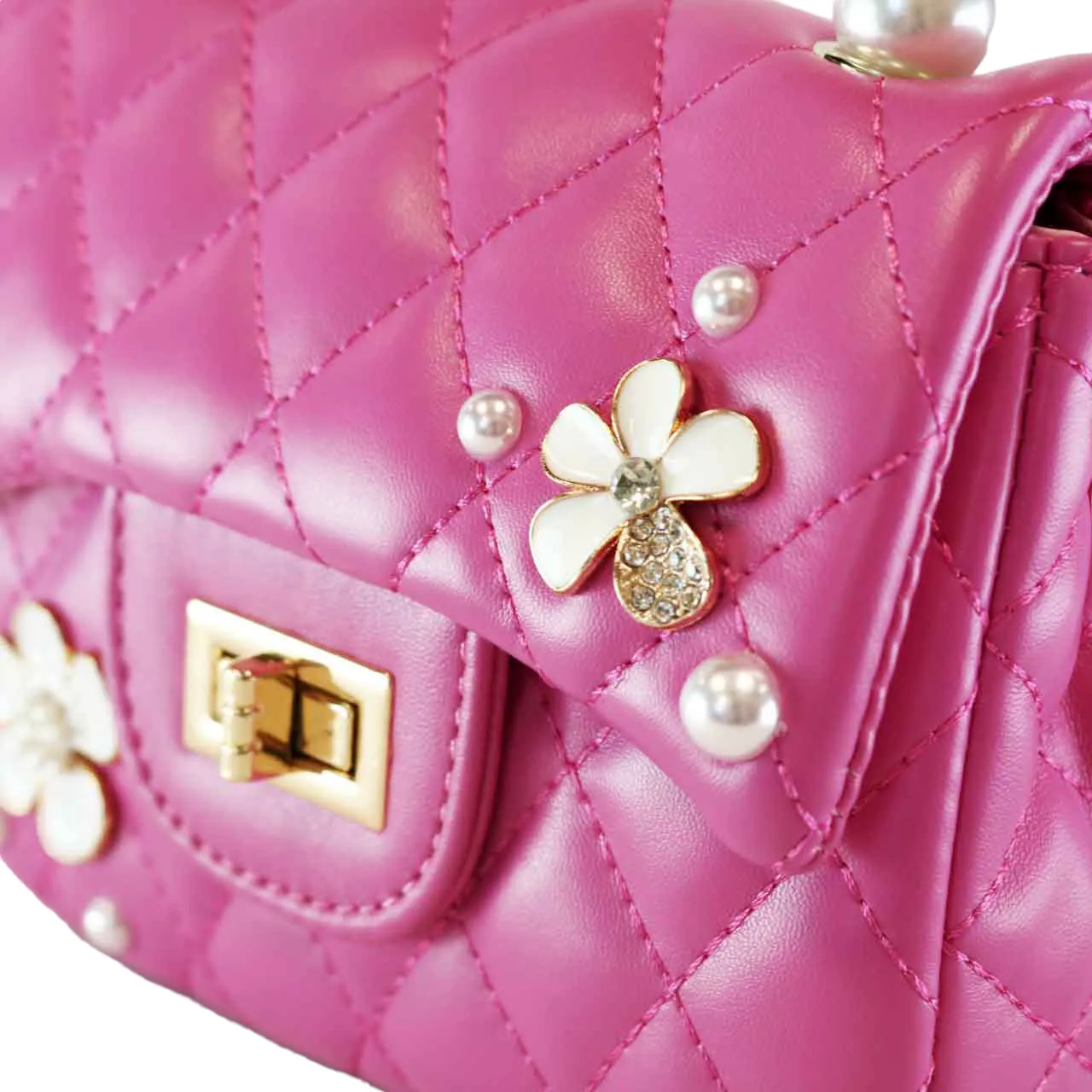 Pearl Handle Quilted Leather Purse w/ Charms - Fuchsia