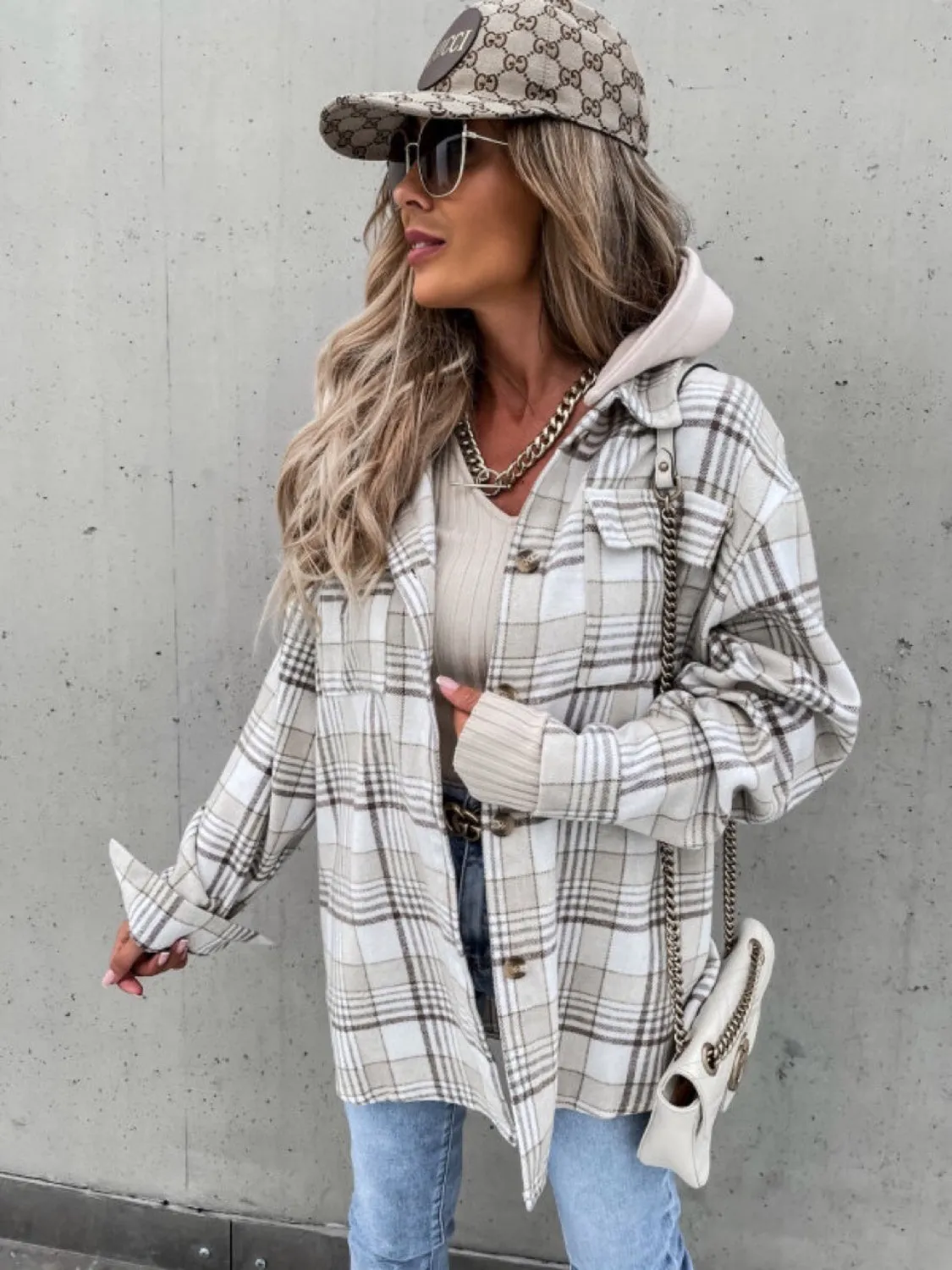 Plaid Dropped Shoulder Hooded Jacket