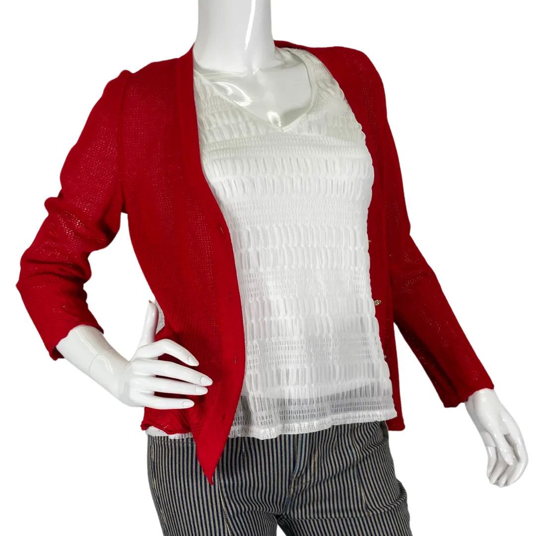 St. John Sports Open-Knit Pattern Red Cardigan