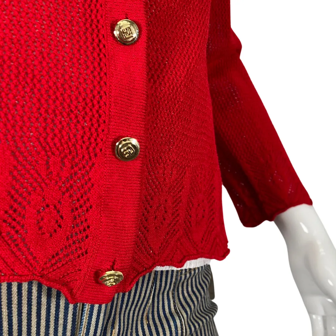 St. John Sports Open-Knit Pattern Red Cardigan