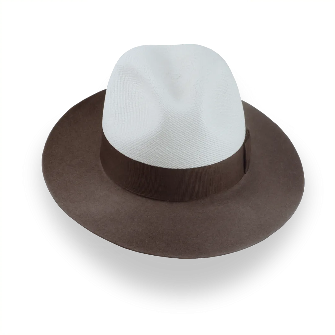 Taupe Brown and Off-White Two-Tone Panama Fedora Hat with Felt Brim | The Monarch