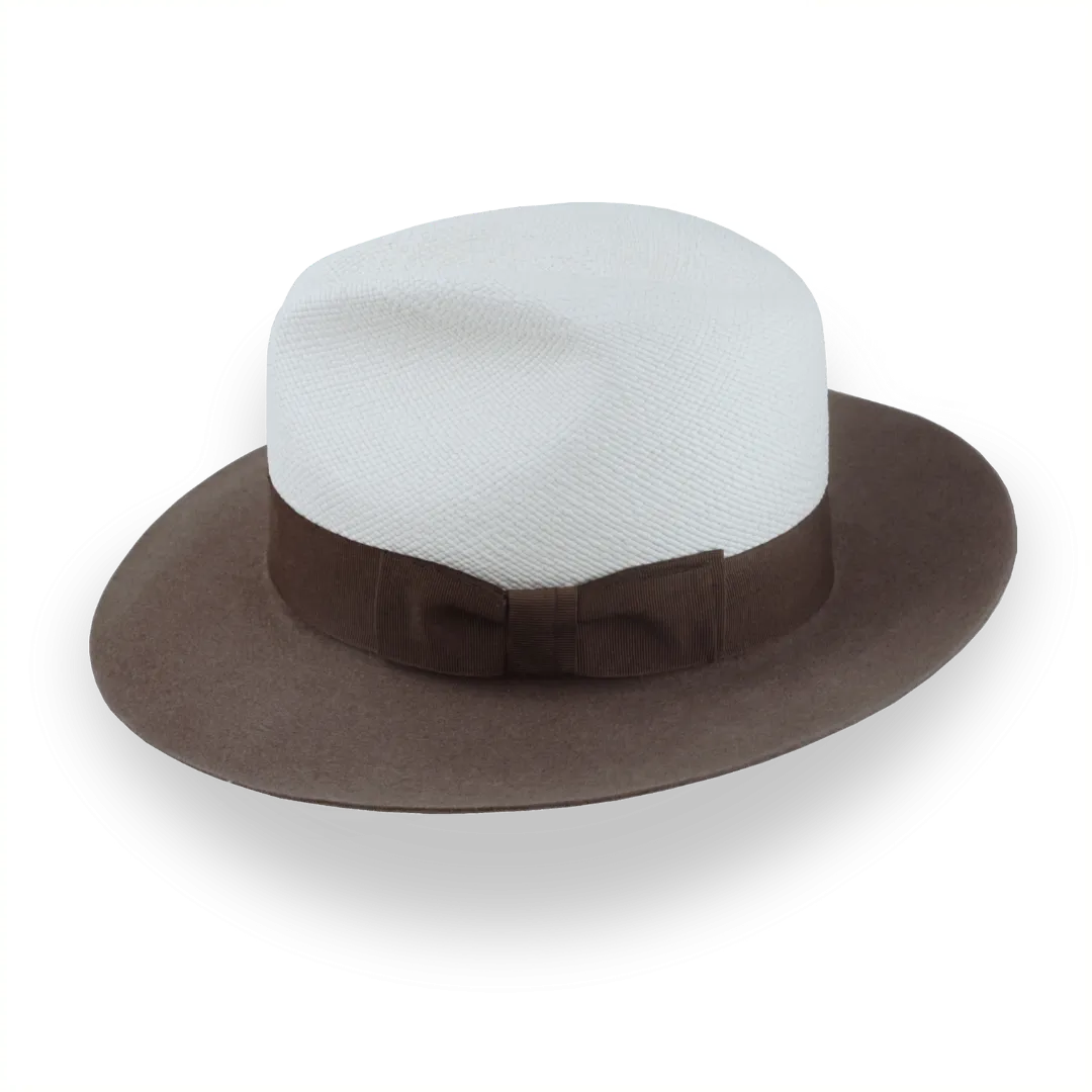 Taupe Brown and Off-White Two-Tone Panama Fedora Hat with Felt Brim | The Monarch