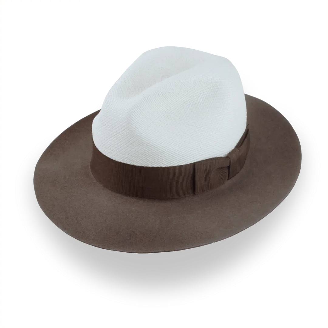 Taupe Brown and Off-White Two-Tone Panama Fedora Hat with Felt Brim | The Monarch