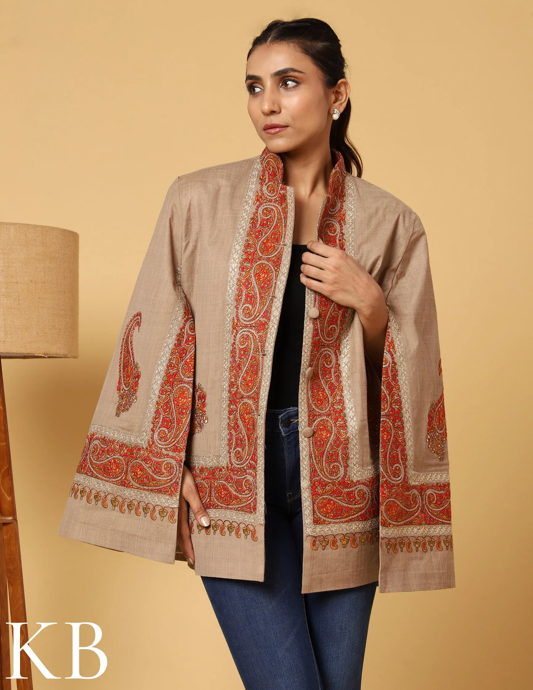 The Oxford Tan Sozni Zari Embroidered Woolen Cape Jacket