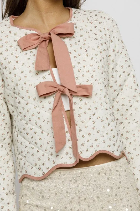 Waitlist 11/20 ♥ Drew Long Sleeve Floral Printed Bow Tie Quilted Jacket Pink