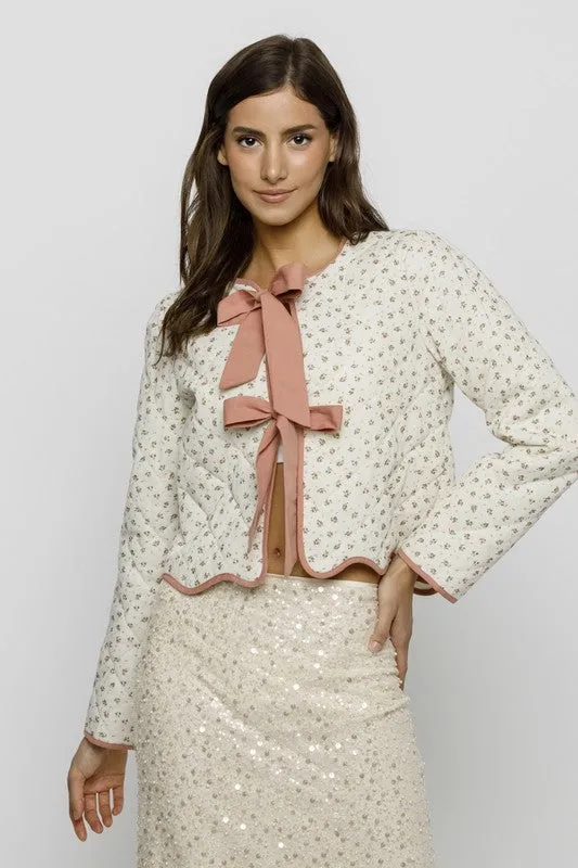 Waitlist 11/20 ♥ Drew Long Sleeve Floral Printed Bow Tie Quilted Jacket Pink