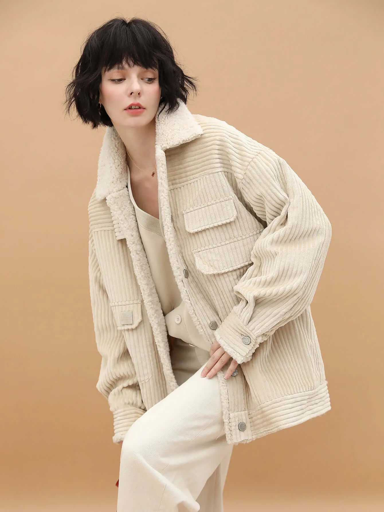 White Oversized Corduroy Parka