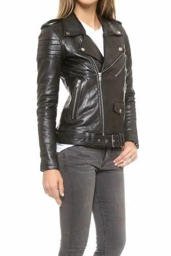 Womens Black Biker Motorcycle Slim fit Leather Jacket-BNWT