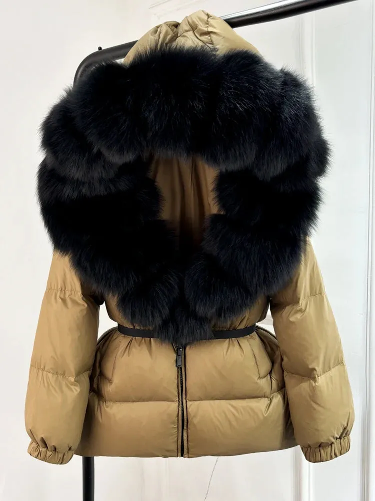 Women's Hooded Puffer Coat with Fox Fur Trim