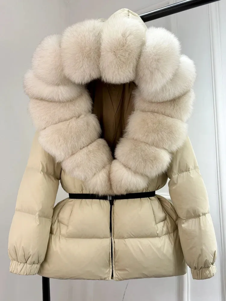 Women's Hooded Puffer Coat with Fox Fur Trim